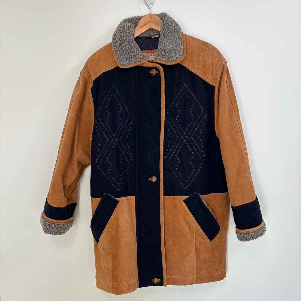 VTG Novelti 100% Leather Wool Tan Blue Insulated Ranch Jacket. Women Sz M